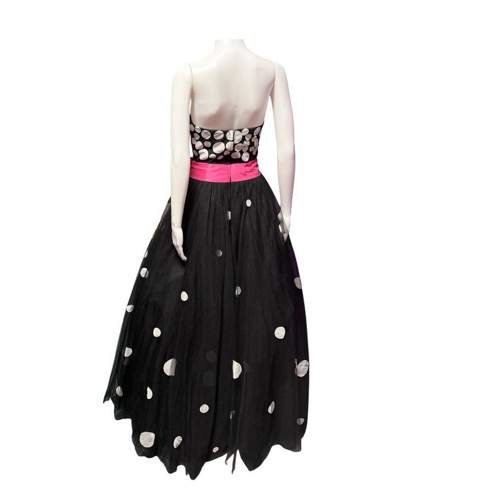 Jovani Black White Polka Dot Tulle Ball Gown Pink Sash Strapless Prom Dress 4 - Picture 6 of 7